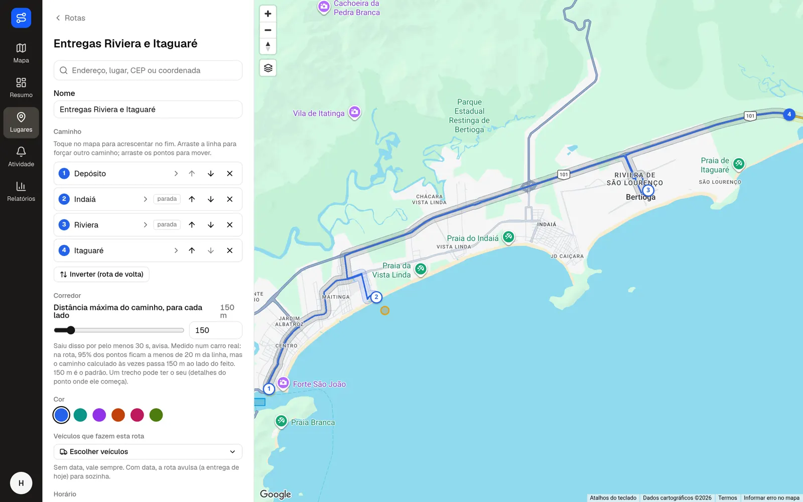 Rota planejada Entregas Riviera e Itaguaré com quatro paradas e o caminho desenhado no mapa.