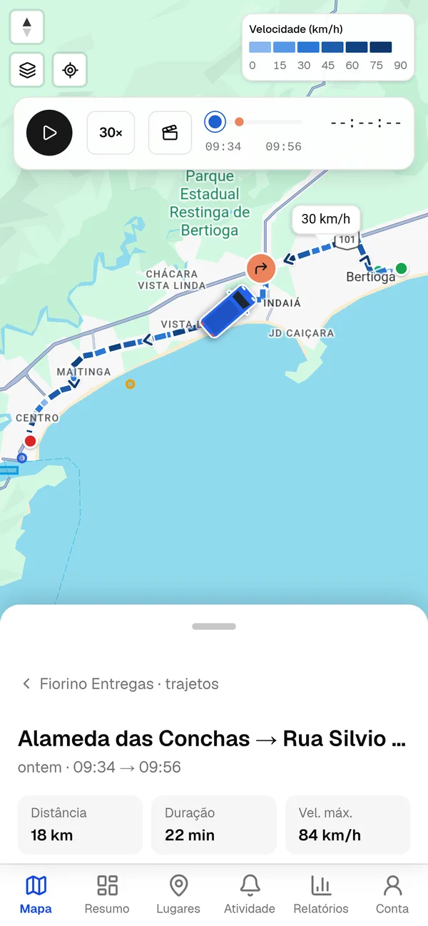 Trajeto de Alameda das Conchas a Rua Silvio no mapa, com a velocidade.