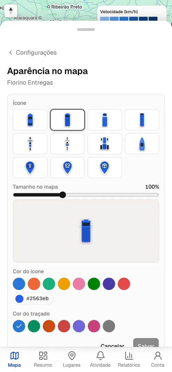 Configuração de aparência: ícones de veículo e cores.