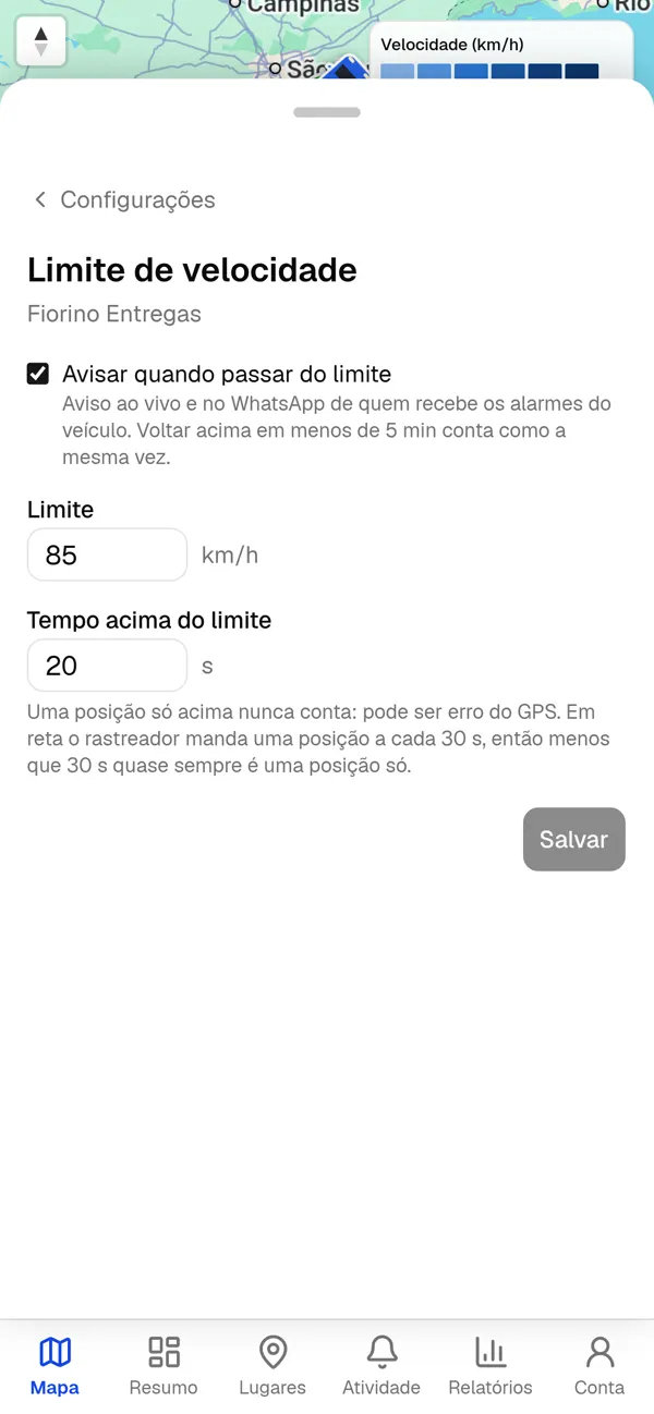 Configuração de limite de velocidade: 85 km/h.