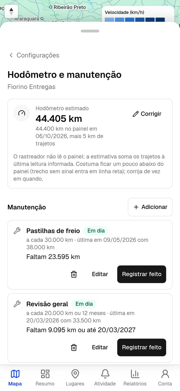 Hodômetro e manutenção do veículo.