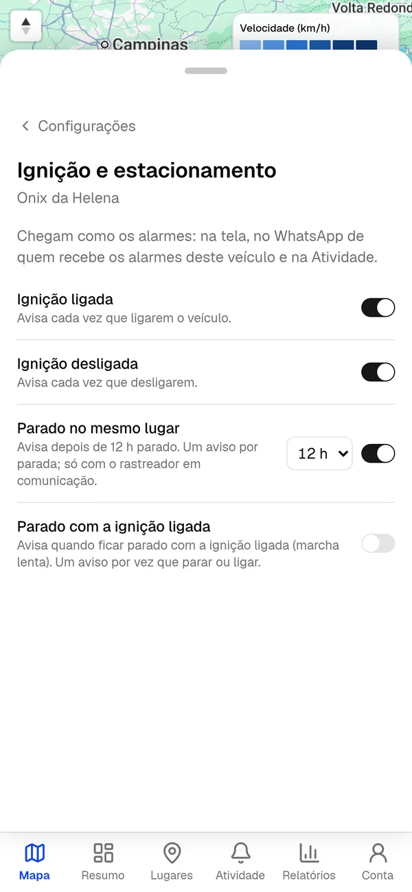 Configuração de lembretes de ignição e estacionamento.