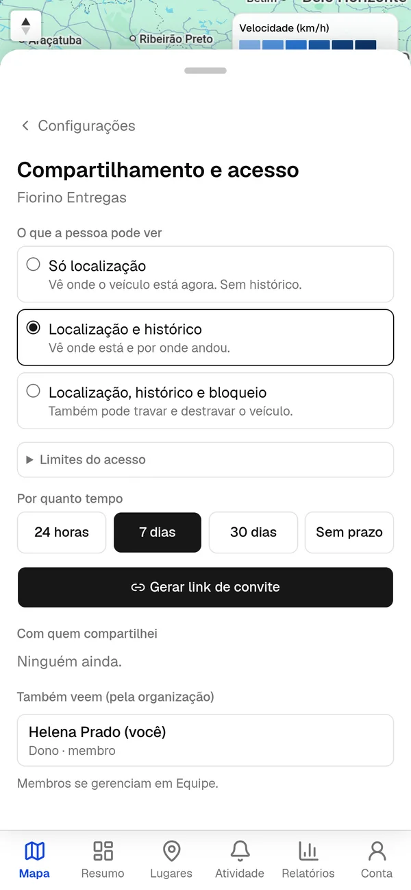 Tela de compartilhar o veículo.