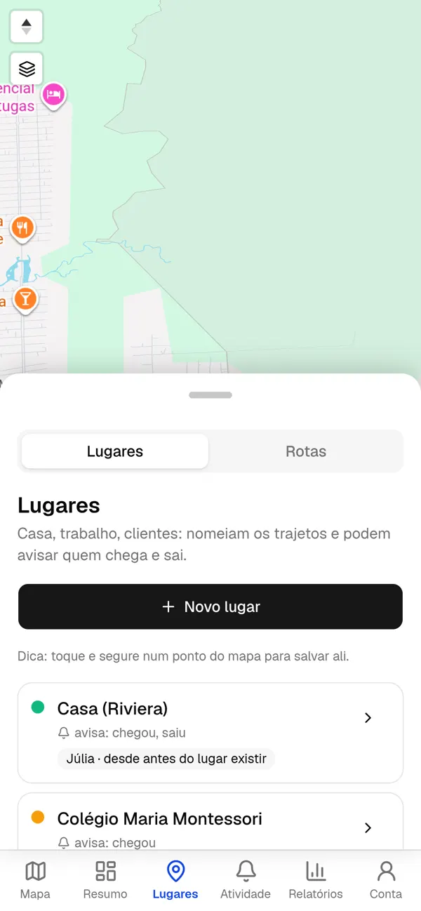 Lista de lugares cadastrados.