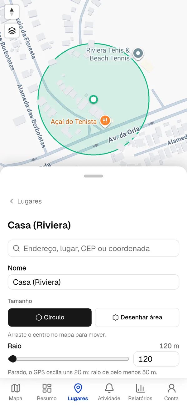 Editor de lugar no app: círculo de 120 metros desenhado sobre o mapa, nome Casa (Riviera).