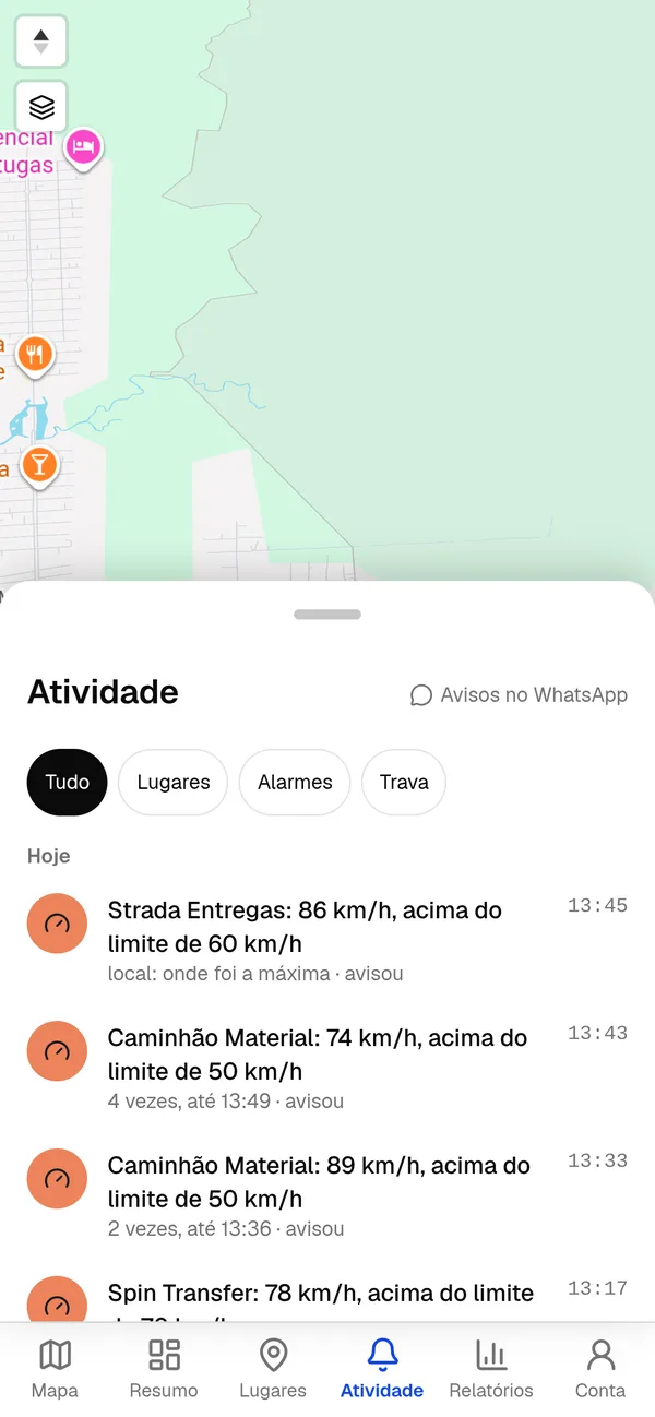 Atividade com alarmes de velocidade de vários veículos.