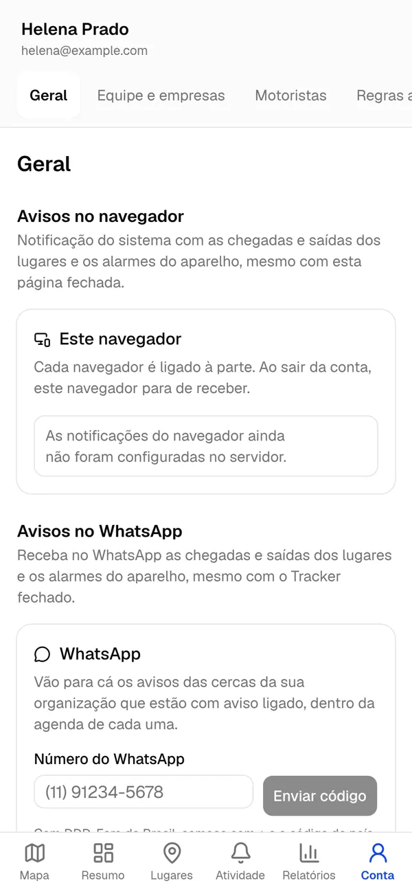 Configuração de avisos no navegador e no WhatsApp.
