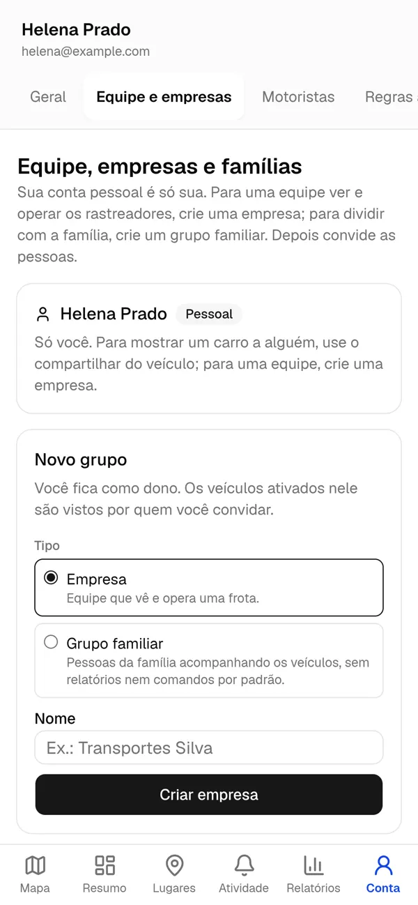 Tela de equipe e empresas.