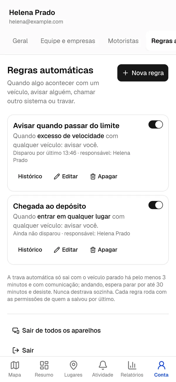 Lista de regras automáticas.