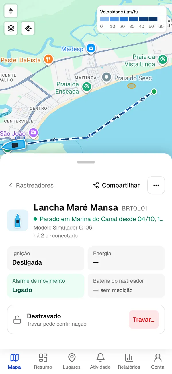 Barco Lancha Maré Mansa no mapa, perto da praia.