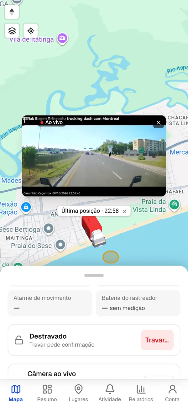 Câmera ao vivo aberta em cima de um caminhão no mapa.