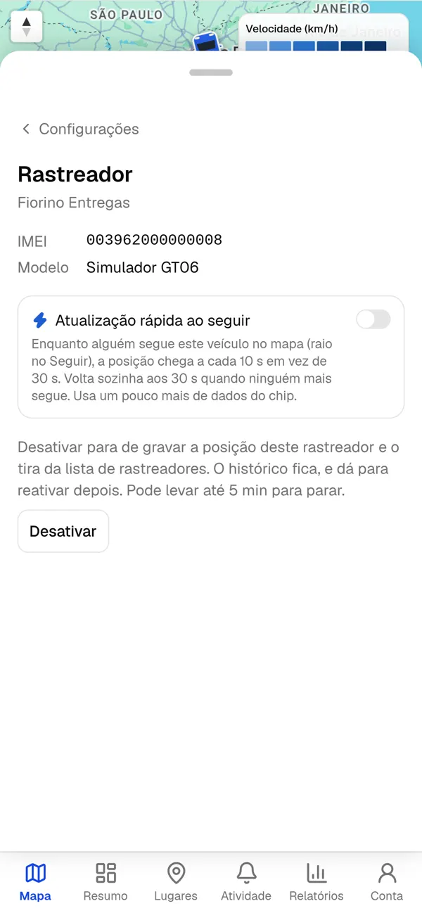 Configuração do rastreador com atualização rápida.